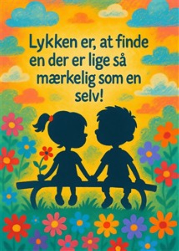Venskabens Glæde - Dette farverige kunstværk fanger det magiske i barndommens venskaber. To små silhuetter sidder hånd i hånd på en bænk, omfavnet af blomster, der symboliserer liv og glæde. Perfekt til at skabe en varm atmosfære i ethvert børneværelse.