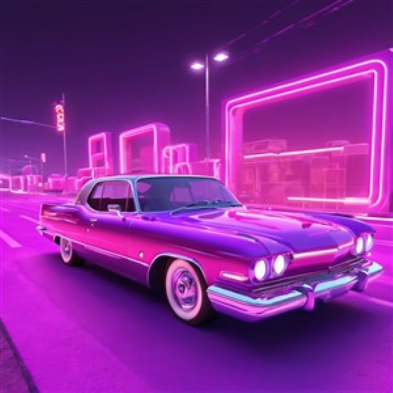 Retro Neon Bil i Futuristisk By - Oplev det perfekte møde mellem fortid og fremtid med dette betagende billede af en retro bil omfavnet af neonlys i en futuristisk by. Det livlige farvespil skaber en unik atmosfære, der vil tilføje karakter til ethvert rum.