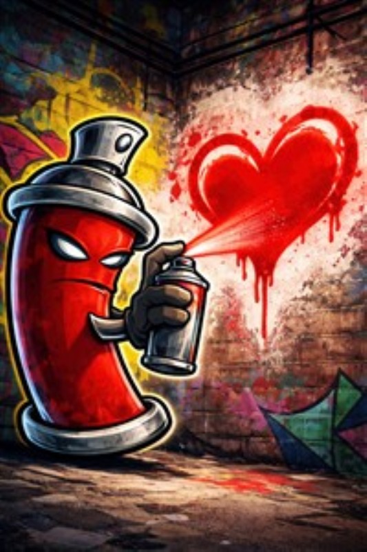 Graffiti Hjerte: Spraymaling med Stil - Oplev kærlighedens kunst med dette energiske billede af en spraydåse, der skaber et stort hjerte på væggen. Perfekt til at tilføje en sjov og ungdommelig vibe til dit rum!