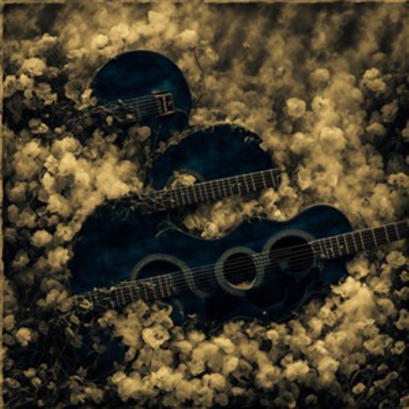 Guitarer i Blomsterdrøm - Oplev en harmonisk fusion af musik og natur med dette kunstneriske billede af tre guitarer indhyllet i et blomsterhav. De bløde nuancer skaber en beroligende atmosfære, perfekt til at tilføje skønhed til dit hjem.