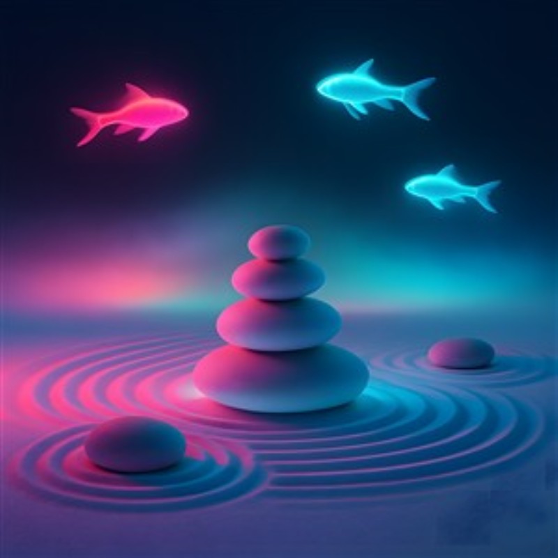 Surrealistisk Stenlandskab med Magiske Fiske - Oplev et drømmeagtigt univers med dette surrealistiske billede, hvor farverige sten skaber en harmonisk komposition og svævende fisk tilføjer en magisk dimension. Perfekt til at skabe en beroligende atmosfære i dit hjem.