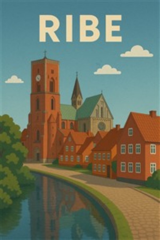 Eventyrligt Ribe: En Malerisk Udsigt - Oplev skønheden i Ribe med dette illustrerede billede, hvor den ikoniske kirke og de farverige bygninger ved kanalen skaber en drømmende atmosfære. Perfekt til at bringe charmende god stemning ind i dit hjem.