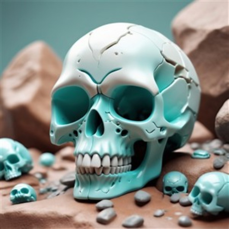 Surrealistisk Mintkranium i Fantasiverden - Oplev skønheden ved dette surrealistiske kunstværk, hvor en stor, mintfarvet kranium troner over en verden af små kranier og sten. Det er en perfekt kombination af det fantasifulde og det gådefulde, der kan give ethvert rum en dramatisk atmosfære.