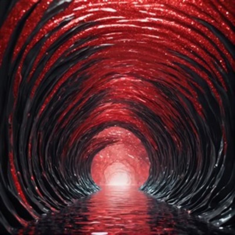 Magisk Rød Tunnel: Abstrakt Kunstværk - Oplev det surrealistiske univers i denne magiske røde tunnel, hvor glitrende elementer og dybe skygger skaber en hypnotisk atmosfære. Perfekt til at vække fantasi og nysgerrighed i ethvert rum.