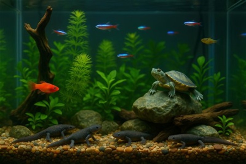 Livligt akvarium med skildpadde og farverige fisk - Få naturen ind i dit hjem med dette levende akvarium, der skildrer en skildpadde og et væld af farverige fisk svømmende mellem frodige grønne planter. Perfekt til at skabe ro og harmoni i rummet.