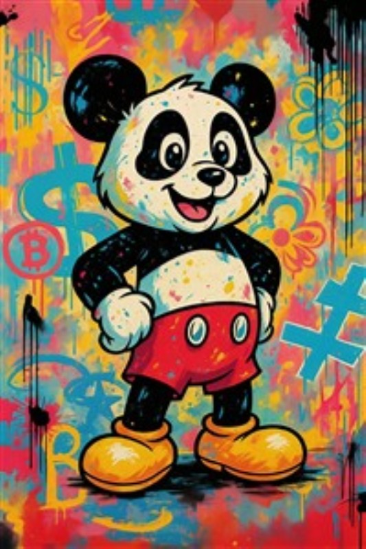 Sjov og farverig panda der lyser dit rum op - Denne livlige panda med sit glade udtryk og farverige livsstil bringer glæde til ethvert rum. Omgivet af grafiske elementer tilføjer den et friskt og moderne touch til din indretning.