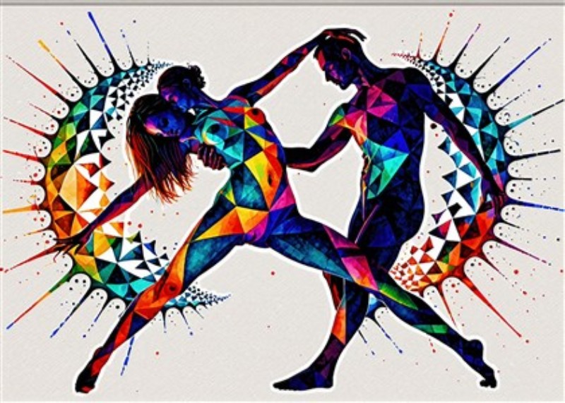 Energi og Farve i Dansen - Oplev den pulserende skønhed i dette levende abstrakte maleri, der fanger essensen af dynamisk bevægelse mellem to dansere. De farverige geometriske former og den intense energi skaber en inspirerende atmosfære, perfekt til enhver moderne indretning.