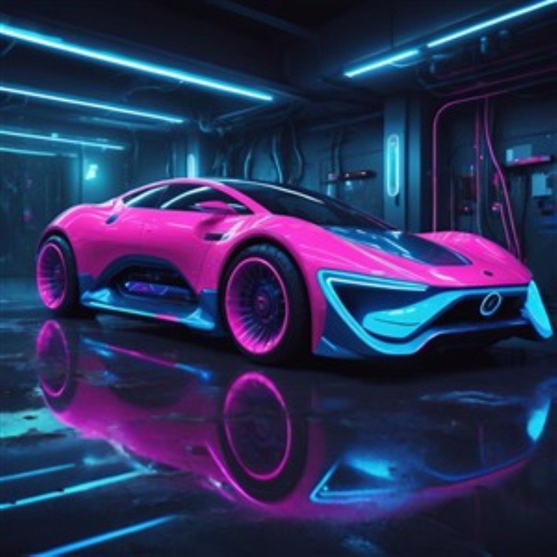 Neon Futurisme: Bil med iøjnefaldende farver - Oplev en futuristisk bil, der sprudler af farver med sine stærke pink og blå nuancer. Denne moderne skabelse er perfekt til at tilføje et væld af liv og energi til dit rum.
