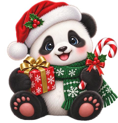 Sød julepanda med gave og slikstok