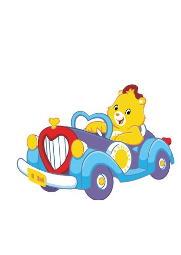Bamse i en farverig bil