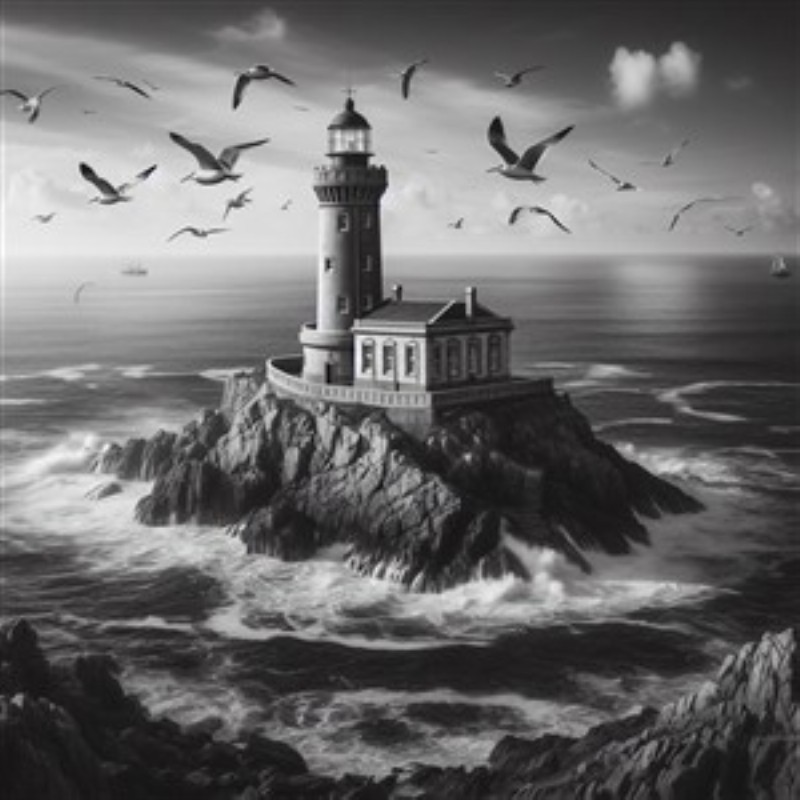 Magisk Fyrtårn ved Havets Kyster - Oplev det storslåede fyrtårn, der står majestætisk på klipperne omfavnet af bølger og fugle. Dette sort-hvide mesterværk bringer en følelse af ro og skønhed til dit rum, perfekt til at skabe en maritim stemning.