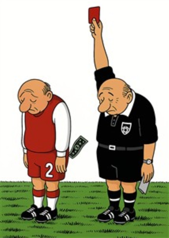 Rødt Kort: En Humoristisk Fodboldkarikatur - Oplev denne sjove karikatur, hvor en fodboldspiller og dommer viser en tragikomisk situation på banen. Det perfekte valg til at bringe et smil frem i ethvert rum!