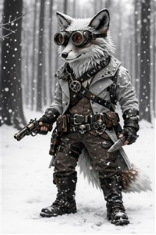 Steampunk Ræv i Vinterlandskab - Oplev den magiske kombination af steampunk og natur med denne unikke plakat. En antropomorfisk ræv iført eventyrligt tøj, der står blandt snebelagte træer og skaber en fascinerende og drømmende atmosfære.