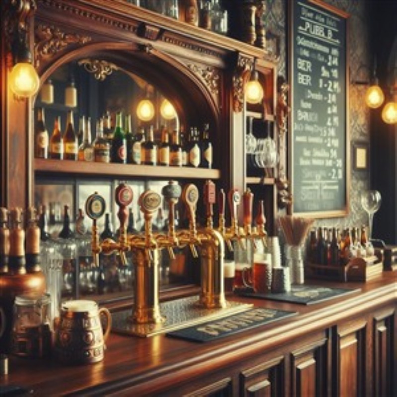 Klassisk Bar med Elegant Træindretning - Oplev den tidløse charme fra en klassisk bar, hvor mørkt træ og gyldne detaljer skaber en indbydende atmosfære. Dette motiv fanget i en perfekt balance mellem stil og tradition vil give dit hjem en unik stemning af hygge og elegance.