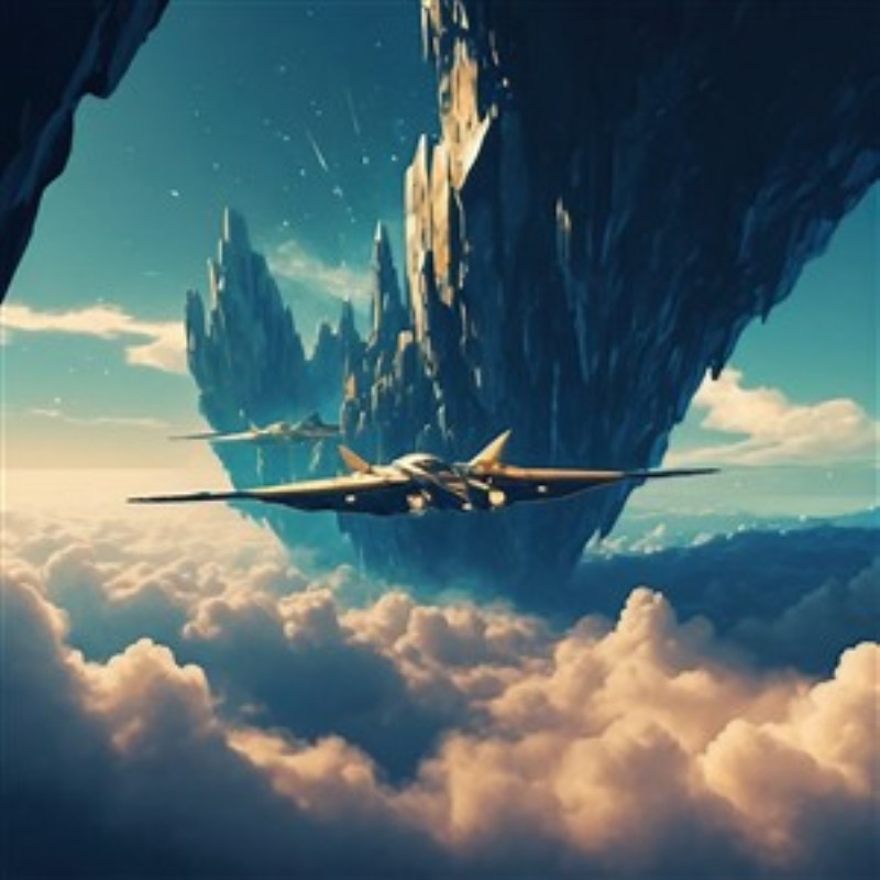 Futuristisk Transport over Skyerne - Oplev en drømmeagtig rejse med fly, der elegant svæver over fantastiske klippeformationer og bløde skyer. Denne fantastiske illustration bringer en følelse af frihed og eventyr ind i dit hjem.