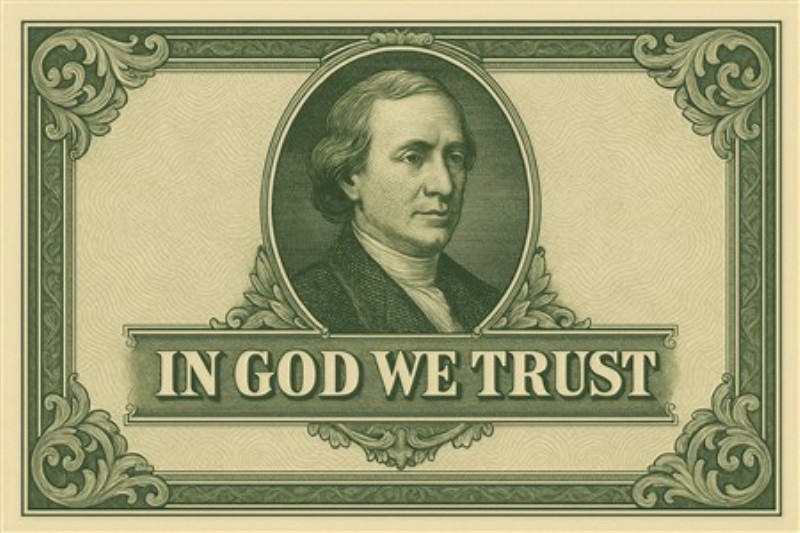 Klassisk Pengeseddel med Motto - Få et stykke historie ind i dit hjem med denne elegante pengeseddel, prydet med mottoet 'IN GOD WE TRUST'. Det detaljerede portræt og de klassiske ornamenter tilfører en tidløs charme til enhver indretning.