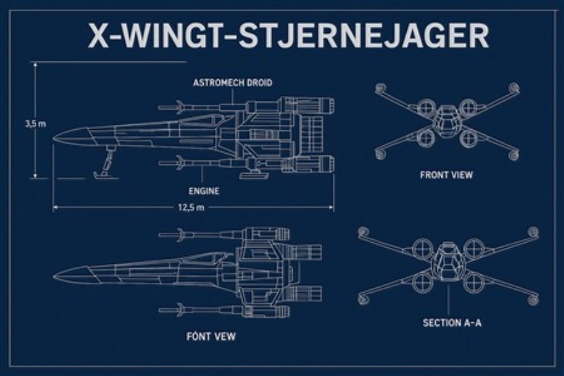 X-Wing Stjernekriger: Teknisk Kunstværk - Oplev den detaljerede tegning af X-Wing stjernejageren, perfekt til både fans og samlere. Dette tekniske kunstværk giver et unikt indblik i designet og konstruktionen af en af de mest ikoniske rumskibe.
