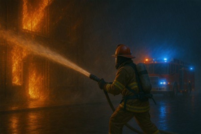 Modig brandmand på stormfuld nat - Oplev modet og beslutsomheden hos en brandmand, der kæmper mod flammerne under en dramatisk storm. Dette imponerende motiv bringer liv og spænding ind i dit hjem, mens regnen siler ned og lyset fra brandbilen skaber en intens stemning.