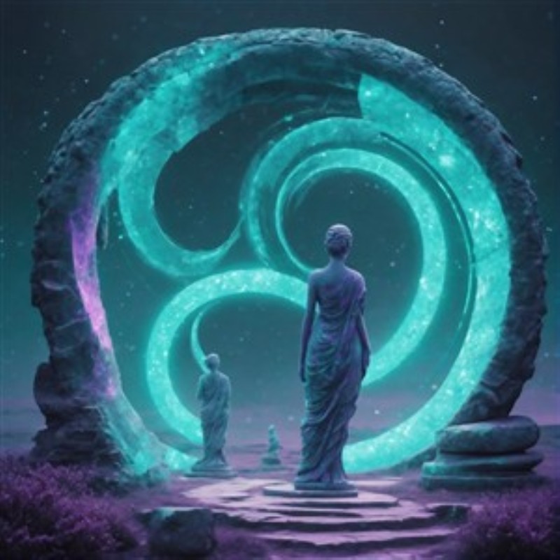 Mystisk Portal i Stjernernes Lys - Træd ind i en verden af mystik med denne betagende illustration af en lysende portal, omfavnet af to stolte statuer. Den stjerneklar nattehimmel giver et magisk touch, der skaber en drømmende atmosfære.