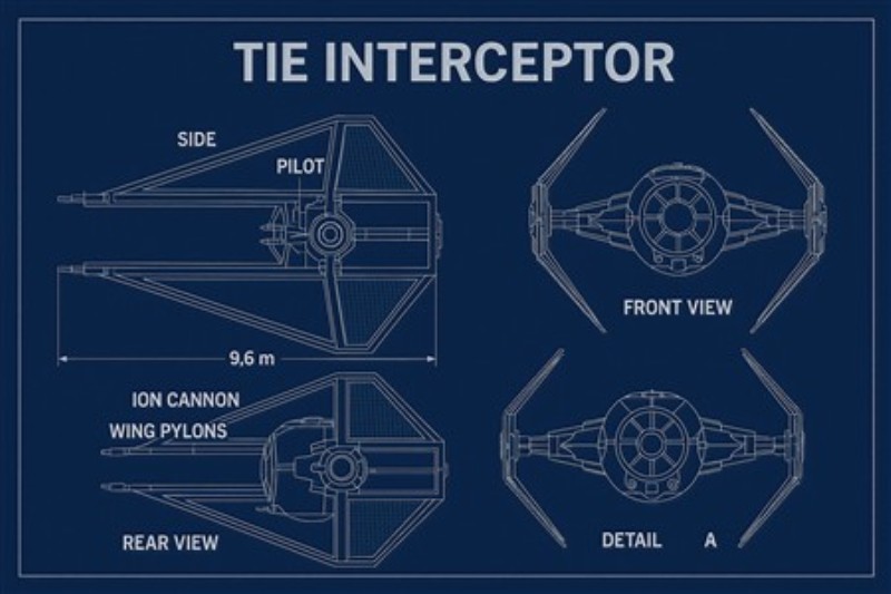 TIE Interceptor: Design Blueprint i Detalje - Oplev det ikoniske design af TIE Interceptor gennem denne detaljerede illustration. Perfekt til entusiaster og samlere, der ønsker at bringe en del af sci-fi universet ind i deres hjem.