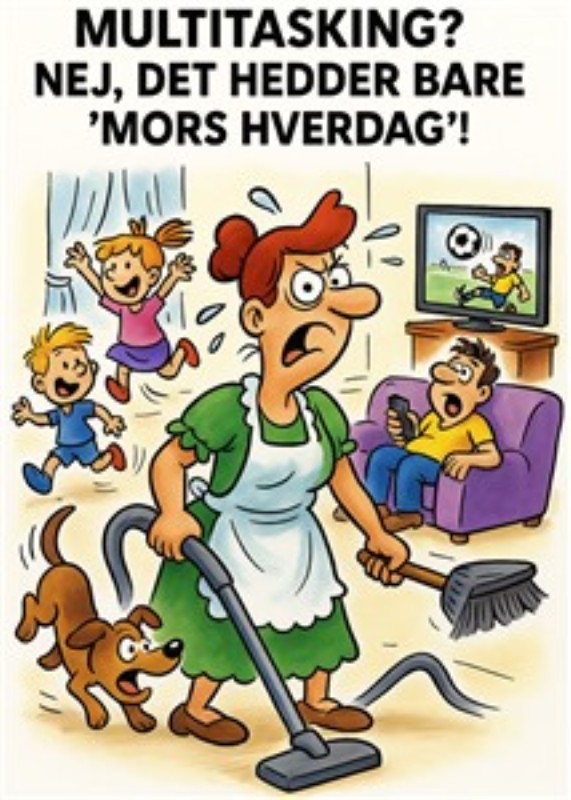 Mors Hverdag: Humoristisk Hustru og Hjemmefront - Oplev denne sjove illustration af en travl mor, der jonglerer med huslige pligter og energiske børn. En perfekt tilføjelse til dit hjem, der bringer et smil frem, mens den fanger essensen af hverdagslivet med humor.