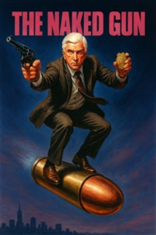 Den Nøgne Pistol: En Komisk Actionklassiker - Træd ind i en verden af komedie med denne fantastiske illustration fra 'Den Nøgne Pistol'. Mandens beslutsomme udtryk, mens han balancerer på en kugle, garanterer både latter og eventyr i dit rum.
